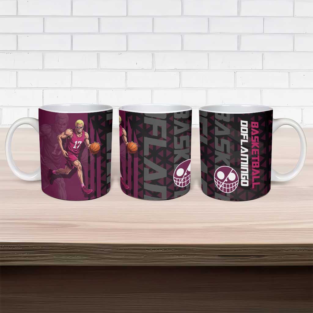 Donquixote Doflamingo One Piece Basketball Theme Maroon and Black Design Ceramic Mug with Smiling Emblem and Aggressive Pose - The Mazicc