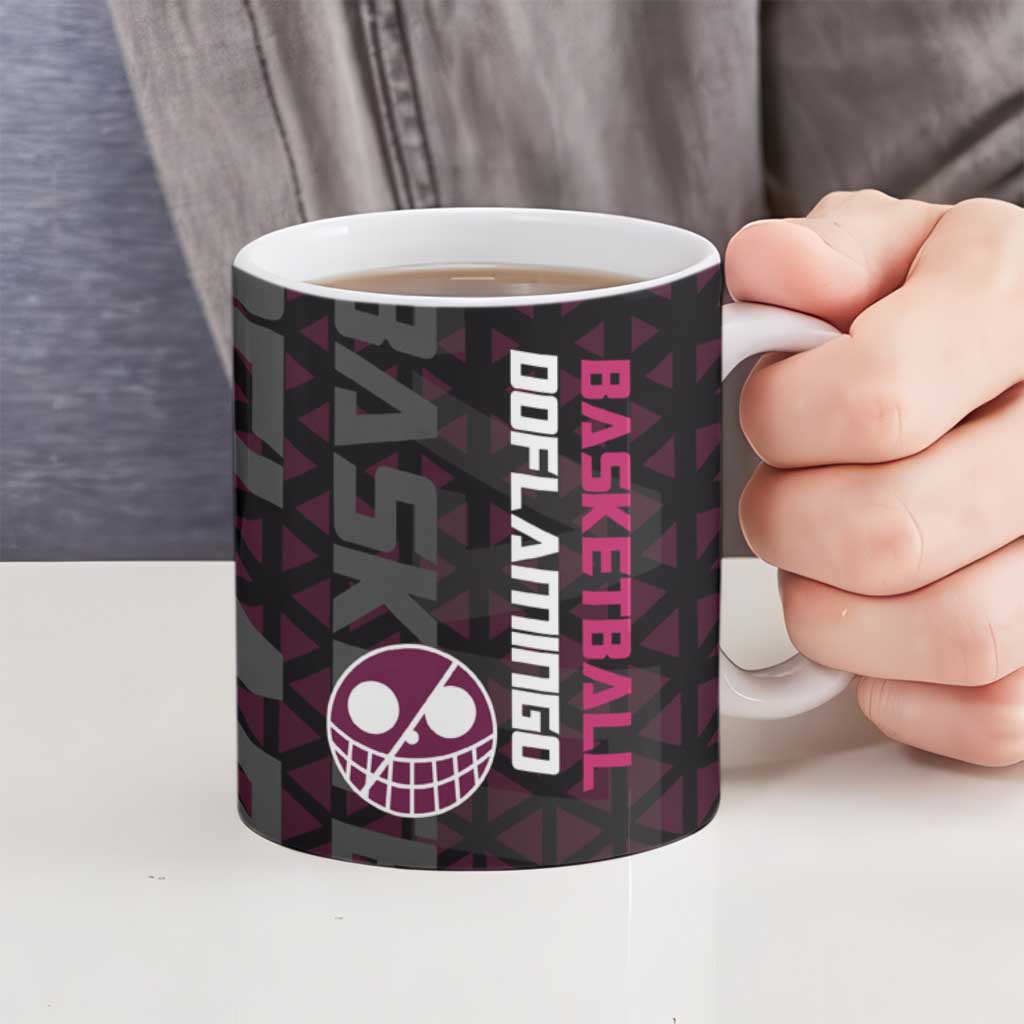 Donquixote Doflamingo One Piece Basketball Theme Maroon and Black Design Ceramic Mug with Smiling Emblem and Aggressive Pose - The Mazicc