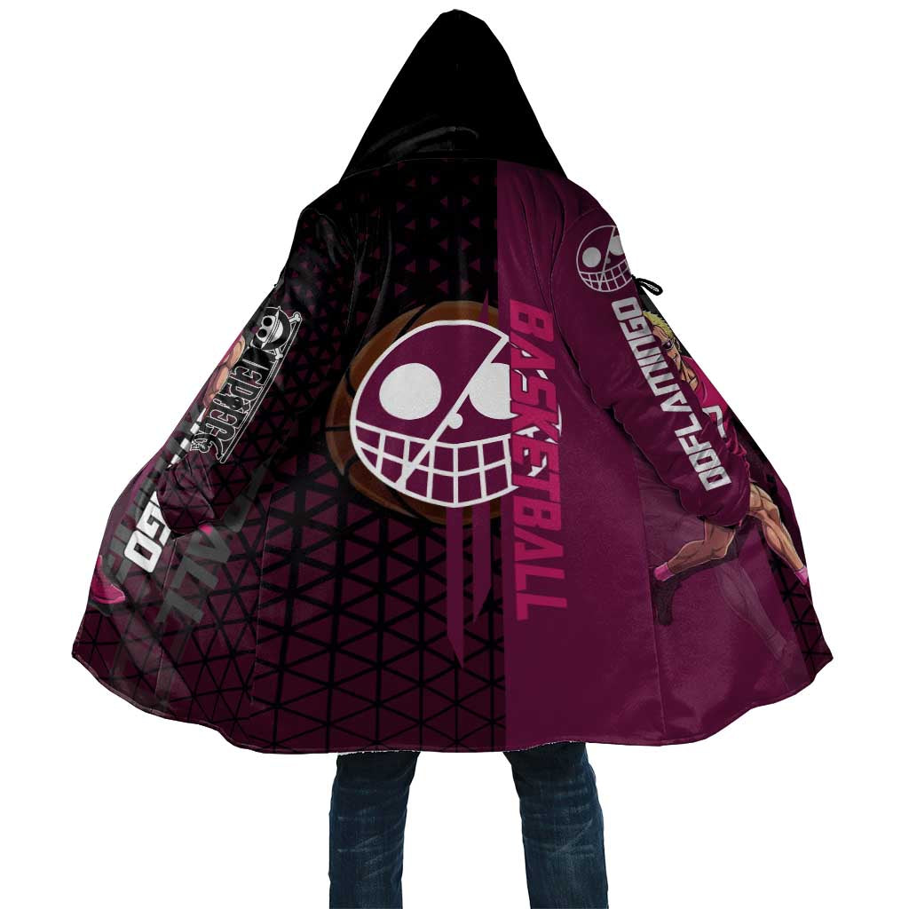 Donquixote Doflamingo One Piece Basketball Theme Maroon and Black Design Cloak with Smiling Emblem and Aggressive Pose - The Mazicc