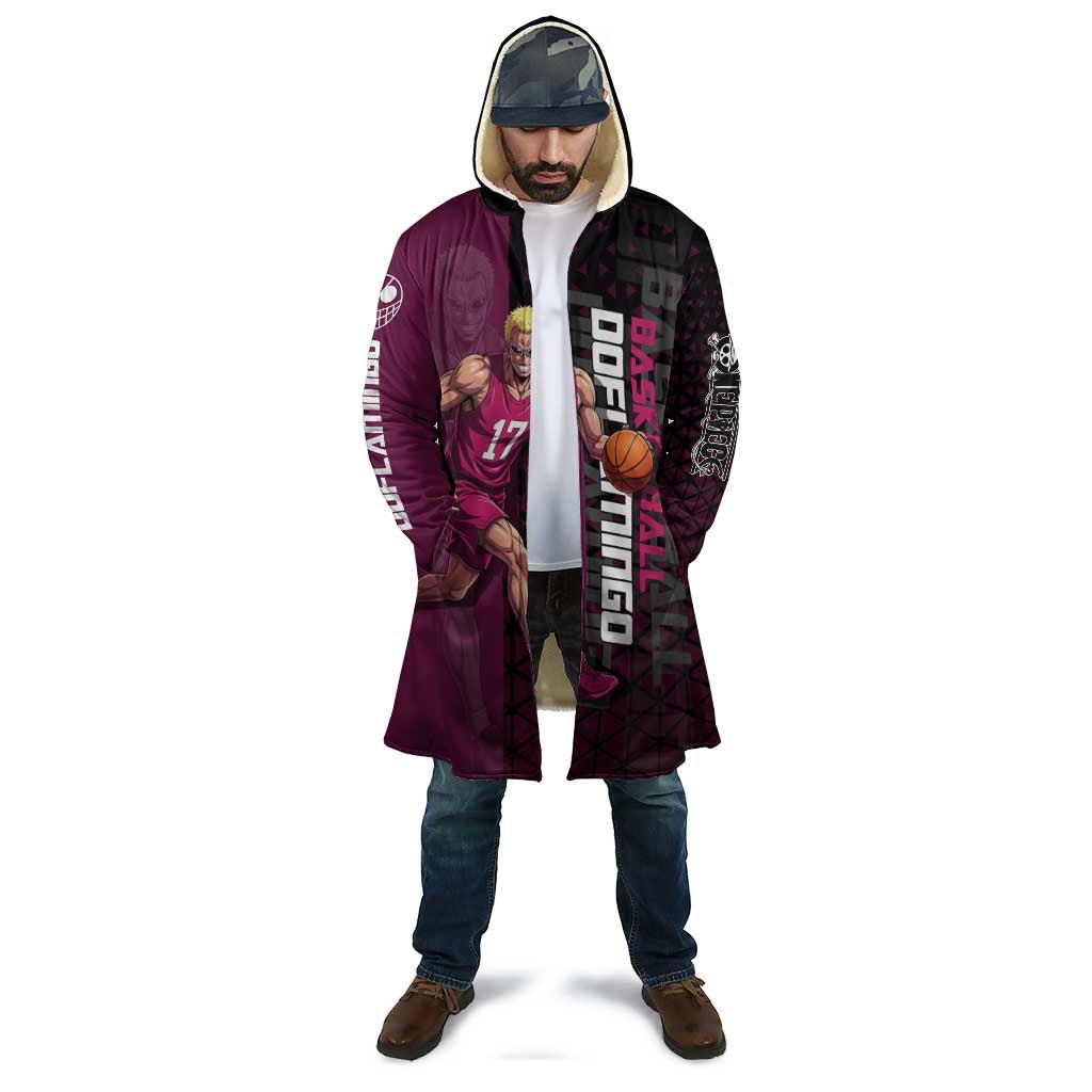 Donquixote Doflamingo One Piece Basketball Theme Maroon and Black Design Cloak with Smiling Emblem and Aggressive Pose - The Mazicc