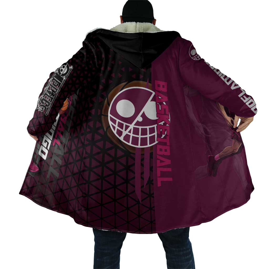 Donquixote Doflamingo One Piece Basketball Theme Maroon and Black Design Cloak with Smiling Emblem and Aggressive Pose - The Mazicc