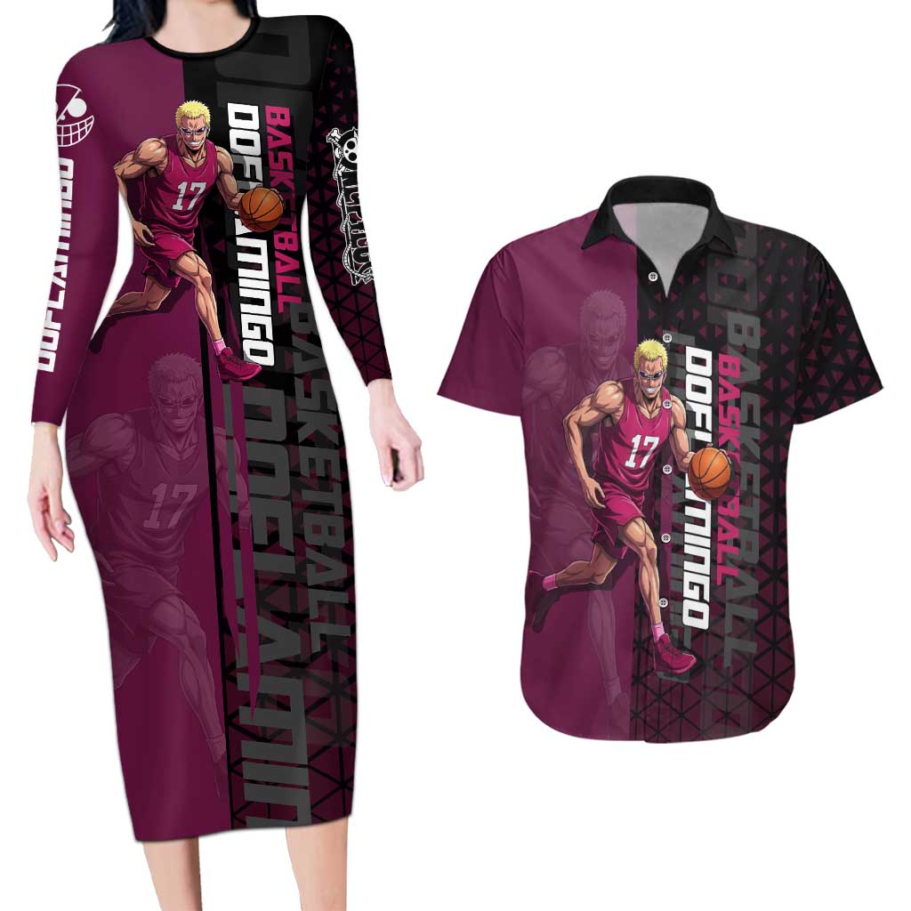 Donquixote Doflamingo One Piece Basketball Theme Maroon and Black Design Couples Matching Long Sleeve Bodycon Dress and Hawaiian Shirt with Smiling Emblem and Aggressive Pose - The Mazicc