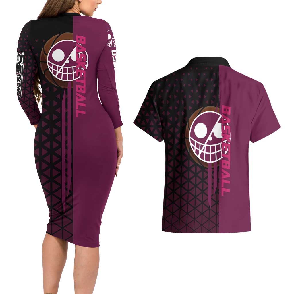 Donquixote Doflamingo One Piece Basketball Theme Maroon and Black Design Couples Matching Long Sleeve Bodycon Dress and Hawaiian Shirt with Smiling Emblem and Aggressive Pose - The Mazicc