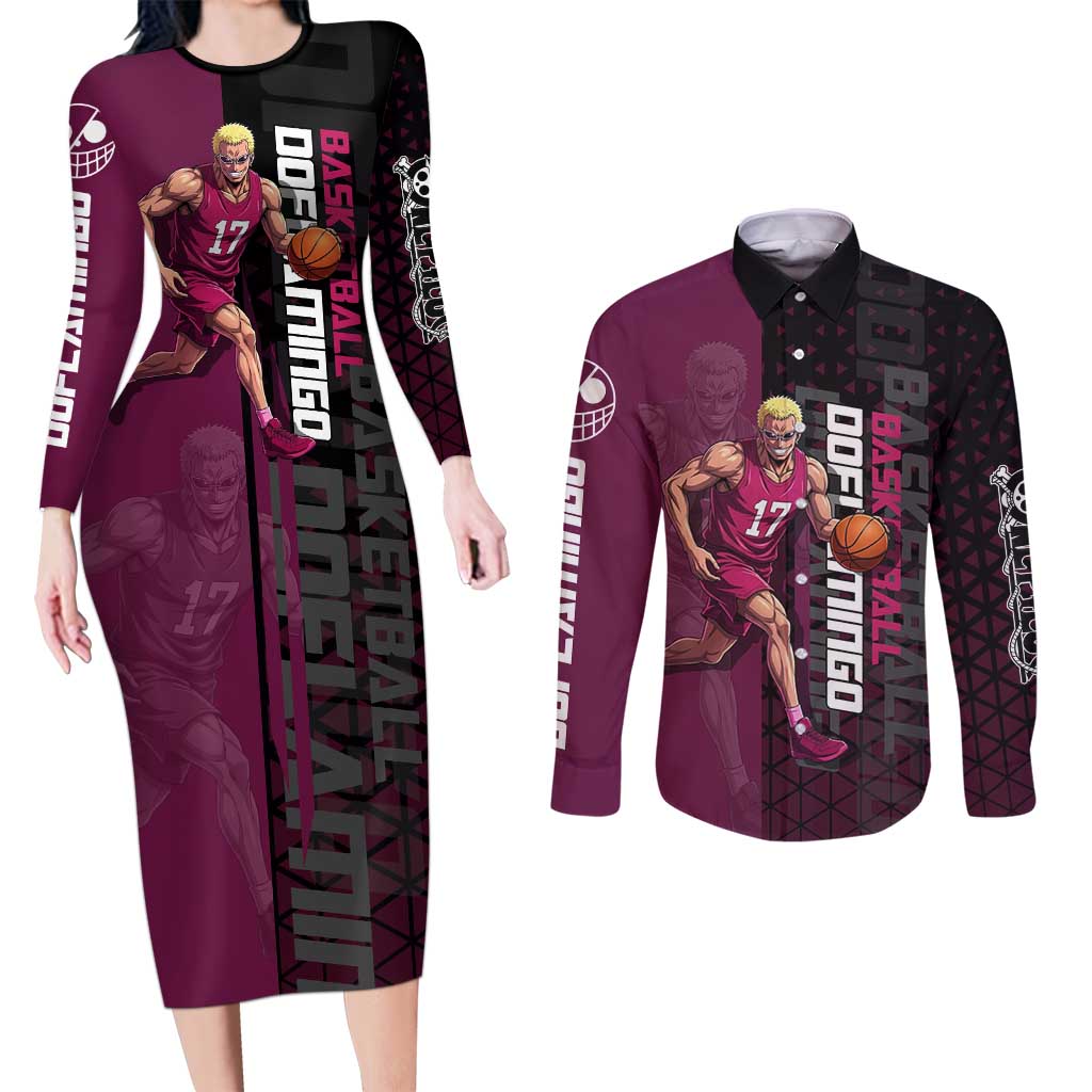 Donquixote Doflamingo One Piece Basketball Theme Maroon and Black Design Couples Matching Long Sleeve Bodycon Dress and Long Sleeve Button Shirt with Smiling Emblem and Aggressive Pose - The Mazicc