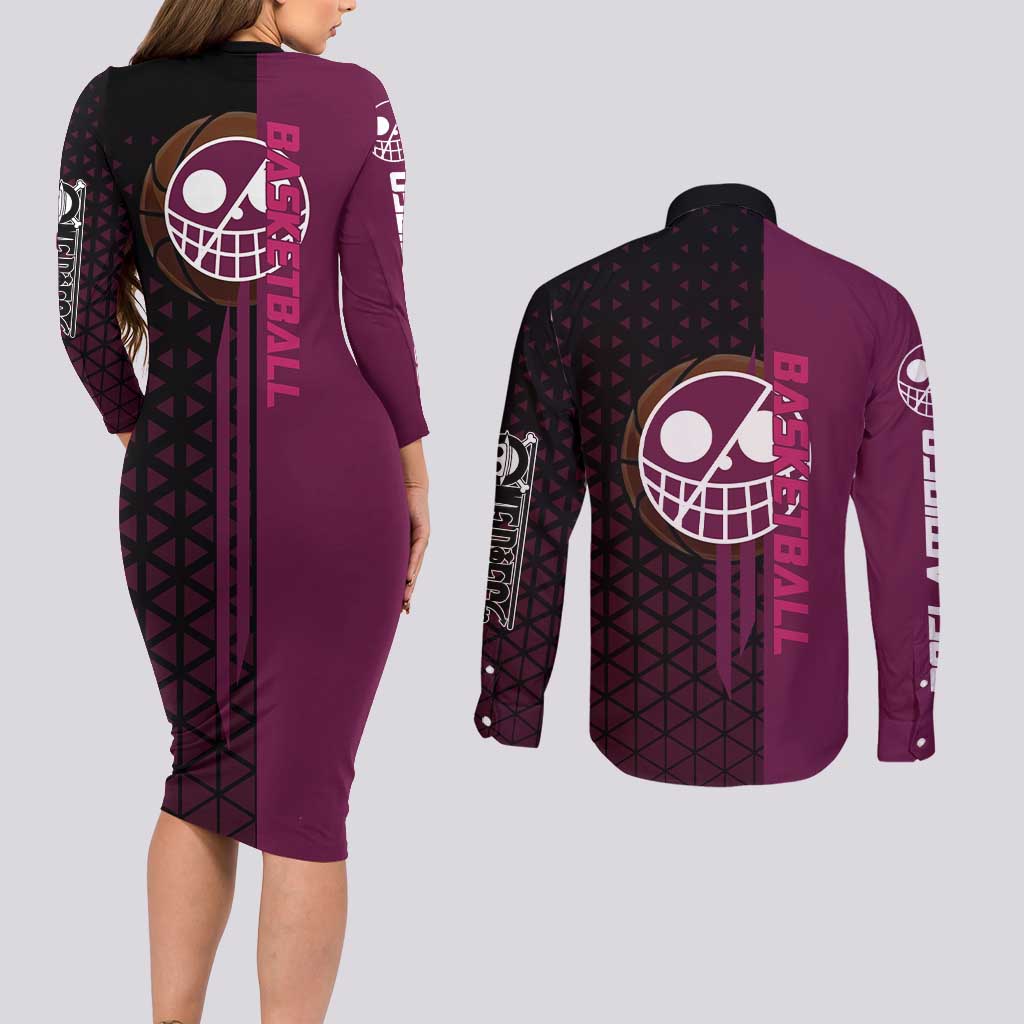 Donquixote Doflamingo One Piece Basketball Theme Maroon and Black Design Couples Matching Long Sleeve Bodycon Dress and Long Sleeve Button Shirt with Smiling Emblem and Aggressive Pose - The Mazicc