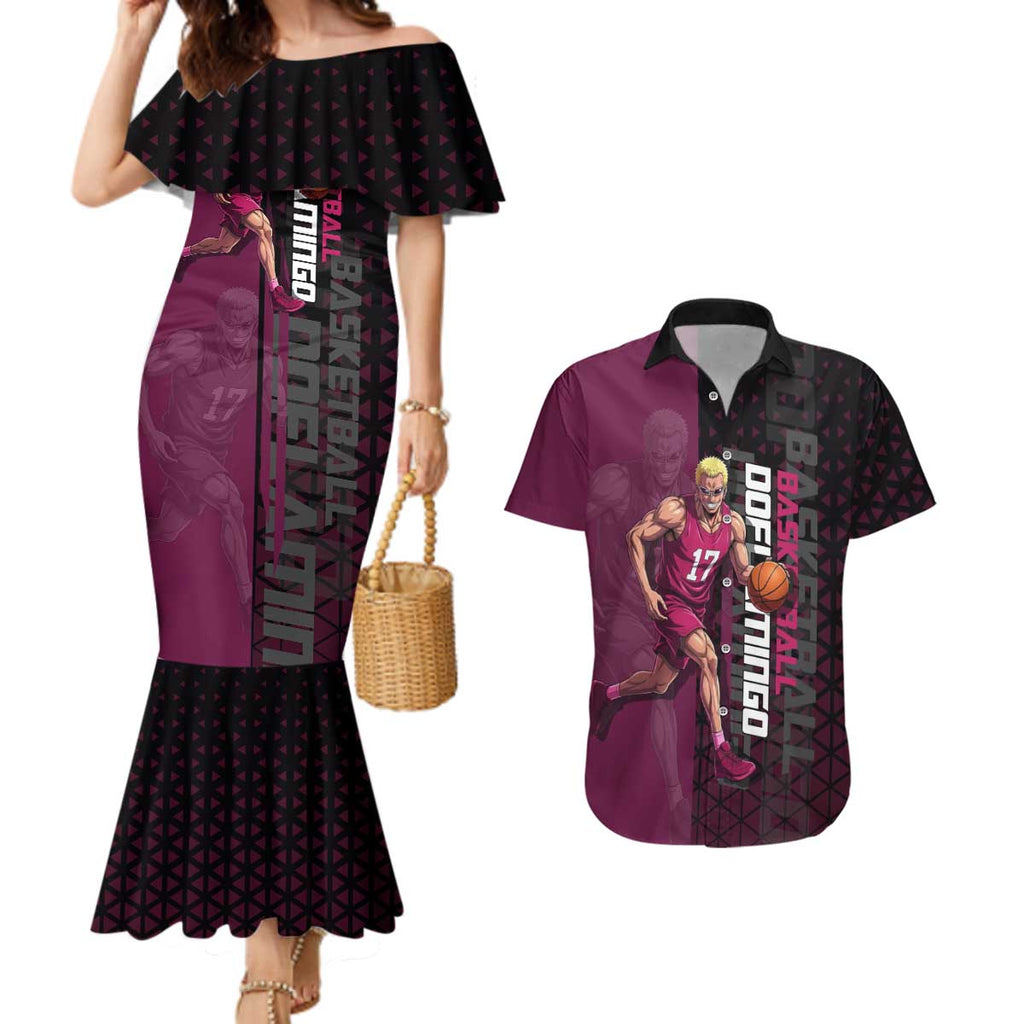 Donquixote Doflamingo One Piece Basketball Theme Maroon and Black Design Couples Matching Mermaid Dress and Hawaiian Shirt with Smiling Emblem and Aggressive Pose - The Mazicc