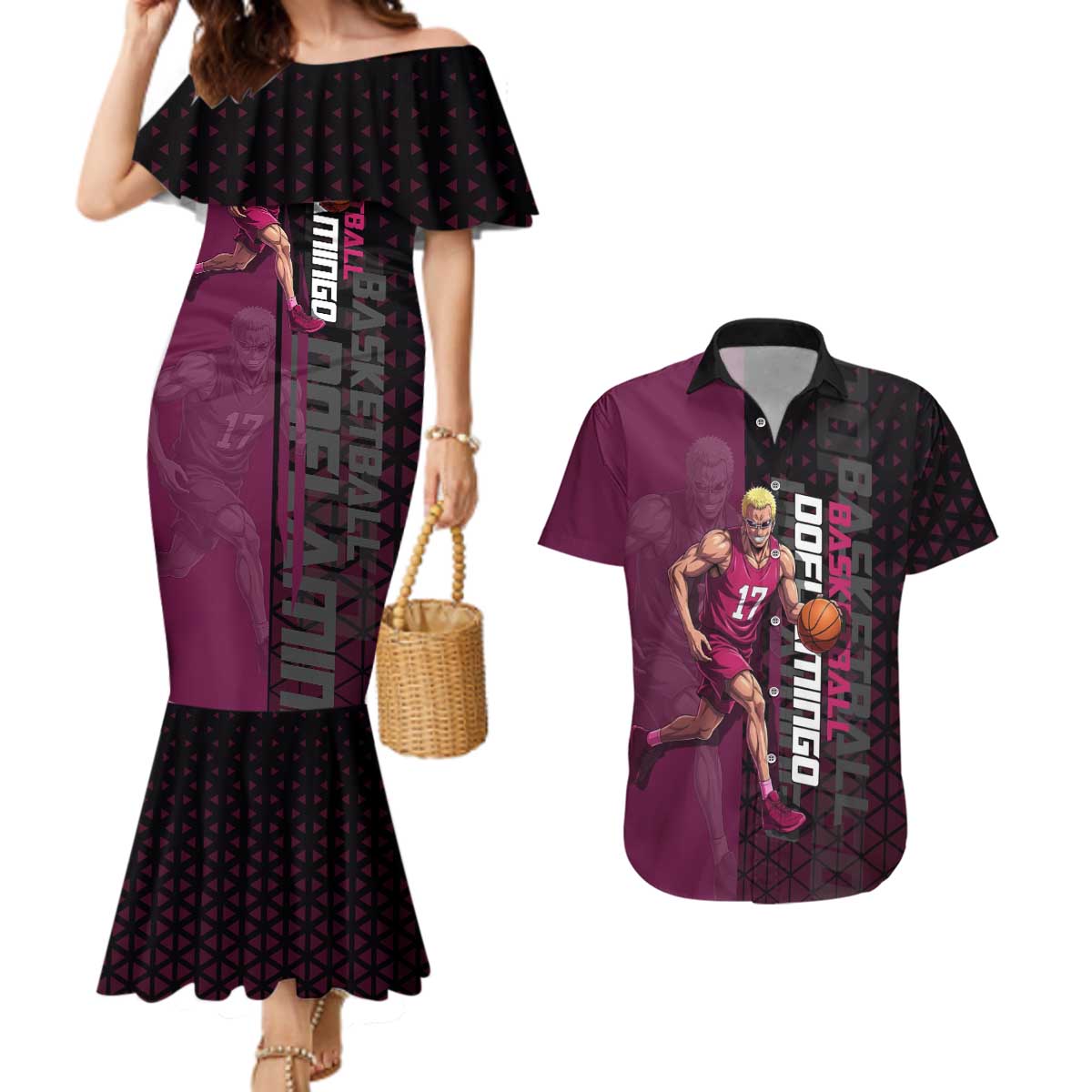 Donquixote Doflamingo One Piece Basketball Theme Maroon and Black Design Couples Matching Mermaid Dress and Hawaiian Shirt with Smiling Emblem and Aggressive Pose - The Mazicc