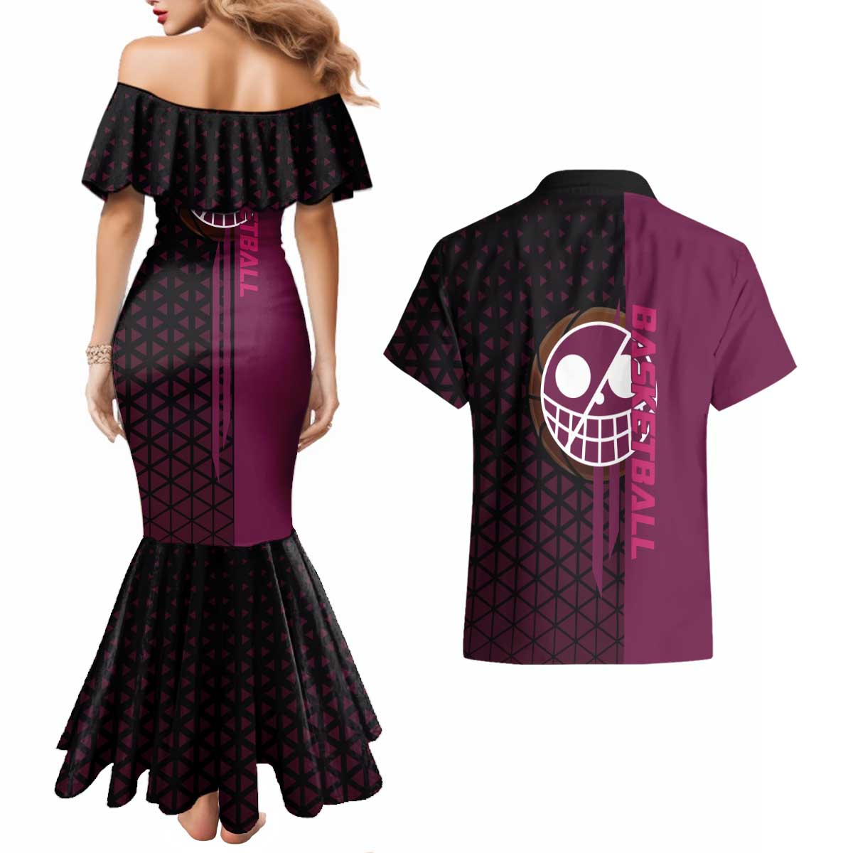 Donquixote Doflamingo One Piece Basketball Theme Maroon and Black Design Couples Matching Mermaid Dress and Hawaiian Shirt with Smiling Emblem and Aggressive Pose - The Mazicc