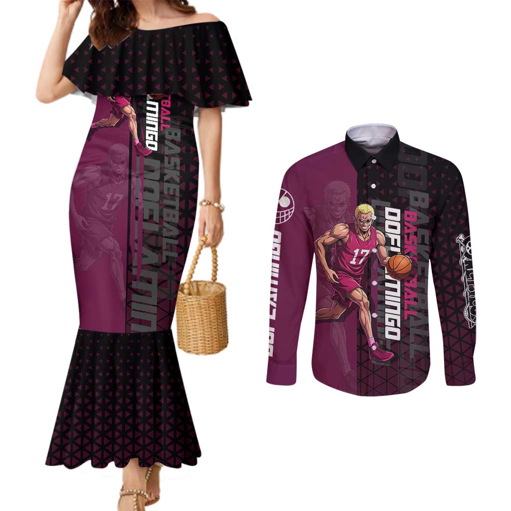 Donquixote Doflamingo One Piece Basketball Theme Maroon and Black Design Couples Matching Mermaid Dress and Long Sleeve Button Shirt with Smiling Emblem and Aggressive Pose - The Mazicc