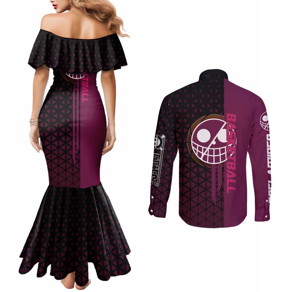 Donquixote Doflamingo One Piece Basketball Theme Maroon and Black Design Couples Matching Mermaid Dress and Long Sleeve Button Shirt with Smiling Emblem and Aggressive Pose - The Mazicc