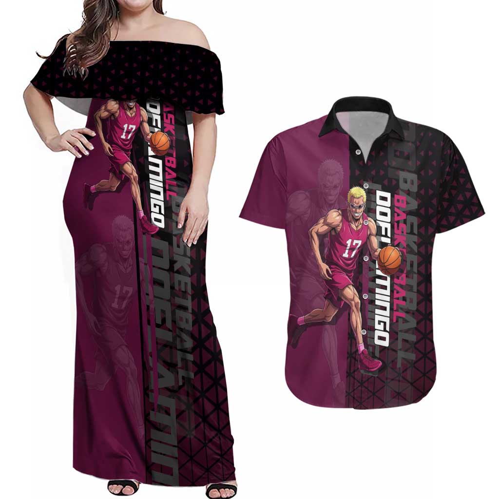 Donquixote Doflamingo One Piece Basketball Theme Maroon and Black Design Couples Matching Off Shoulder Maxi Dress and Hawaiian Shirt with Smiling Emblem and Aggressive Pose - The Mazicc