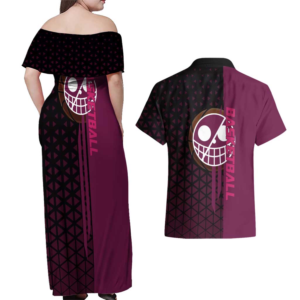 Donquixote Doflamingo One Piece Basketball Theme Maroon and Black Design Couples Matching Off Shoulder Maxi Dress and Hawaiian Shirt with Smiling Emblem and Aggressive Pose - The Mazicc