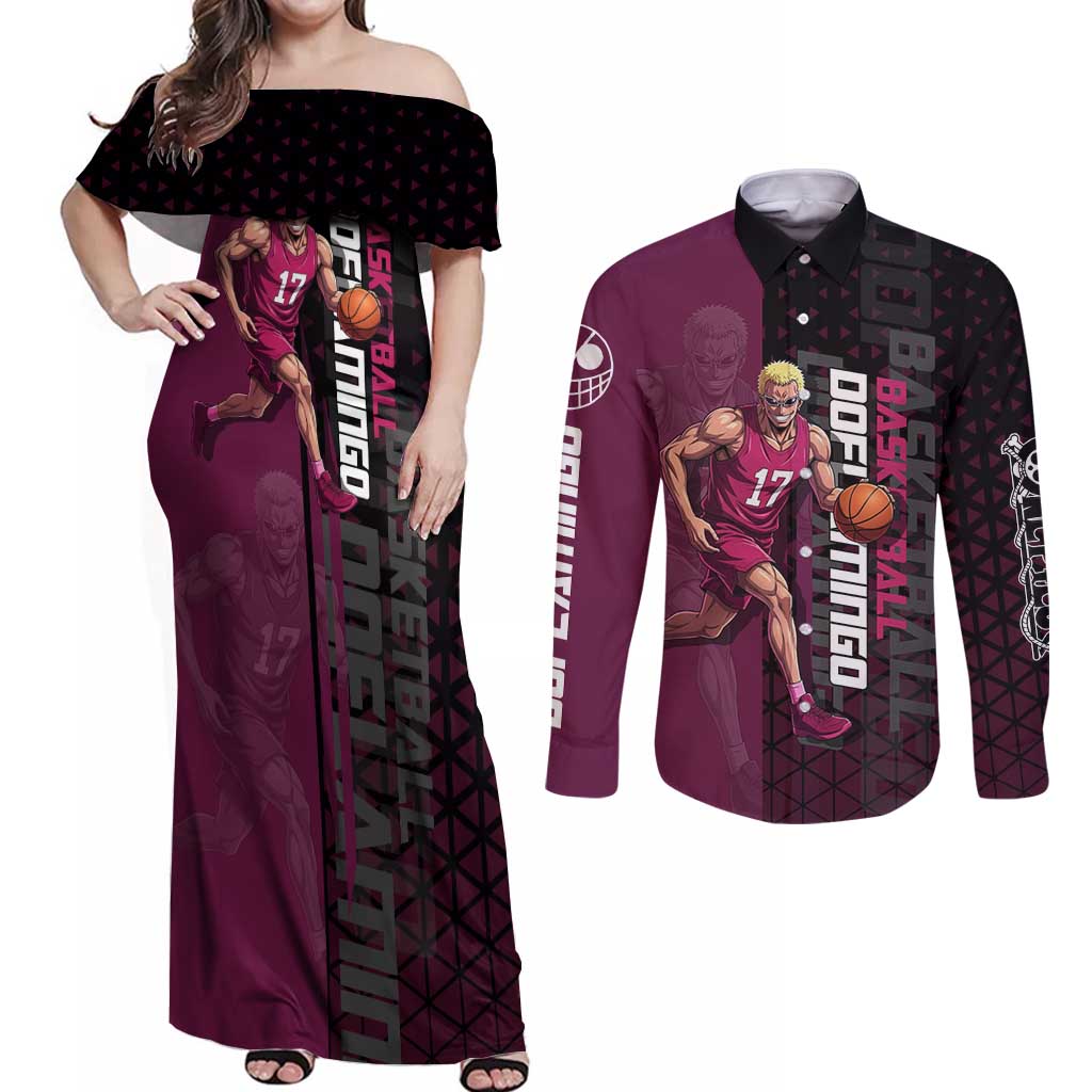 Donquixote Doflamingo One Piece Basketball Theme Maroon and Black Design Couples Matching Off Shoulder Maxi Dress and Long Sleeve Button Shirt with Smiling Emblem and Aggressive Pose - The Mazicc