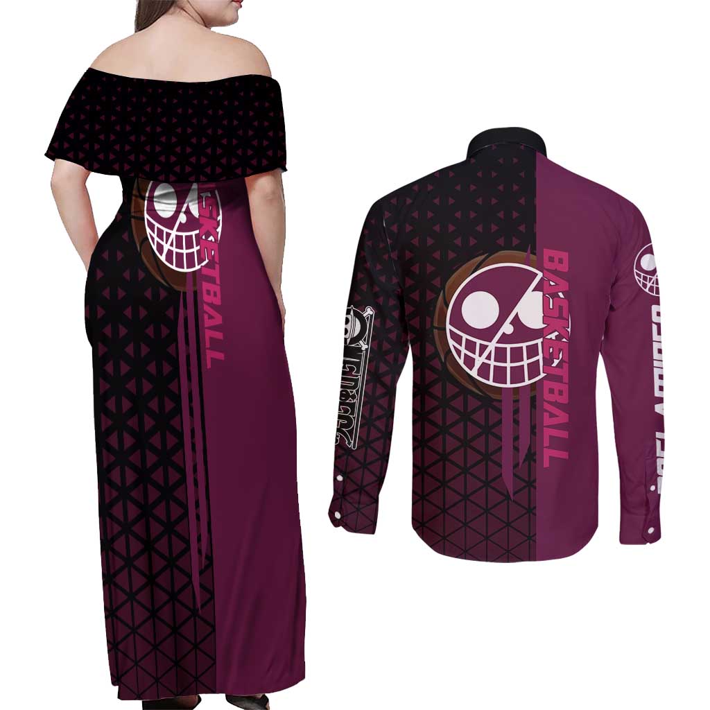 Donquixote Doflamingo One Piece Basketball Theme Maroon and Black Design Couples Matching Off Shoulder Maxi Dress and Long Sleeve Button Shirt with Smiling Emblem and Aggressive Pose - The Mazicc
