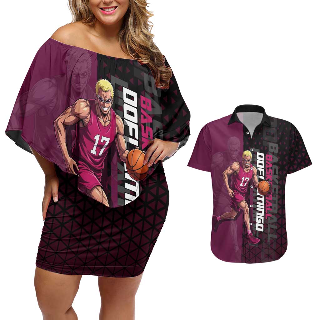 Donquixote Doflamingo One Piece Basketball Theme Maroon and Black Design Couples Matching Off Shoulder Short Dress and Hawaiian Shirt with Smiling Emblem and Aggressive Pose - The Mazicc