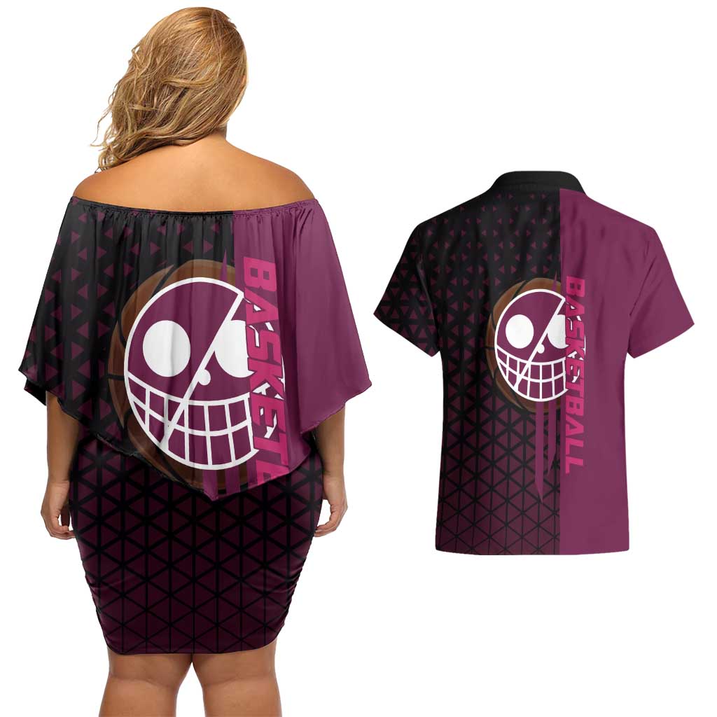 Donquixote Doflamingo One Piece Basketball Theme Maroon and Black Design Couples Matching Off Shoulder Short Dress and Hawaiian Shirt with Smiling Emblem and Aggressive Pose - The Mazicc