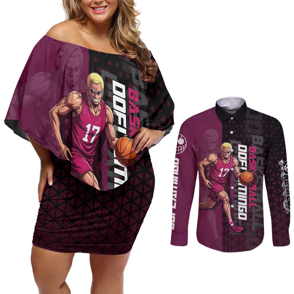 Donquixote Doflamingo One Piece Basketball Theme Maroon and Black Design Couples Matching Off Shoulder Short Dress and Long Sleeve Button Shirt with Smiling Emblem and Aggressive Pose - The Mazicc