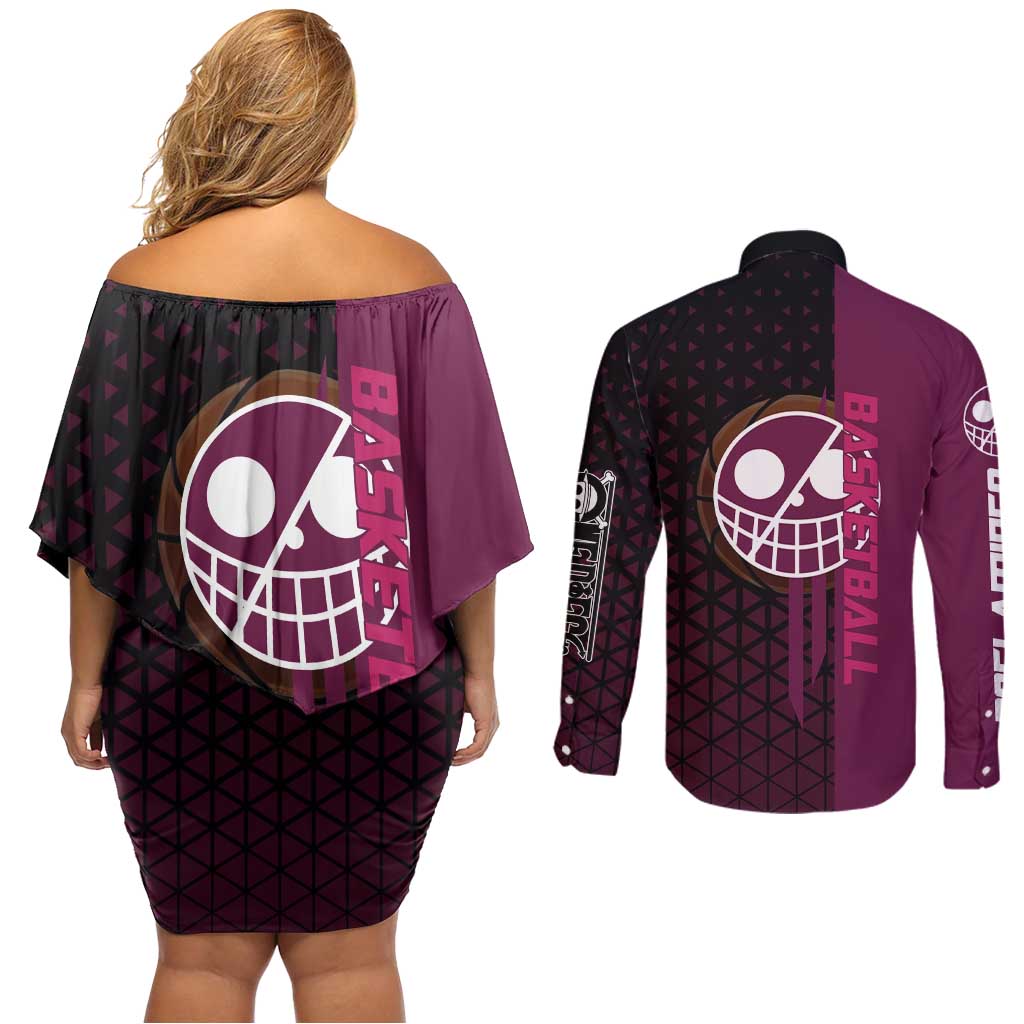 Donquixote Doflamingo One Piece Basketball Theme Maroon and Black Design Couples Matching Off Shoulder Short Dress and Long Sleeve Button Shirt with Smiling Emblem and Aggressive Pose - The Mazicc