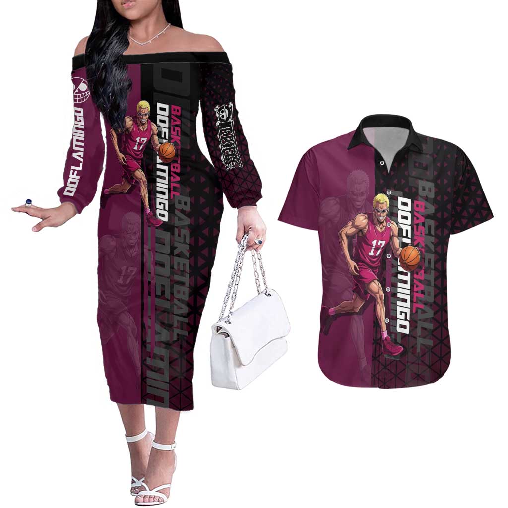 Donquixote Doflamingo One Piece Basketball Theme Maroon and Black Design Couples Matching Off The Shoulder Long Sleeve Dress and Hawaiian Shirt with Smiling Emblem and Aggressive Pose - The Mazicc