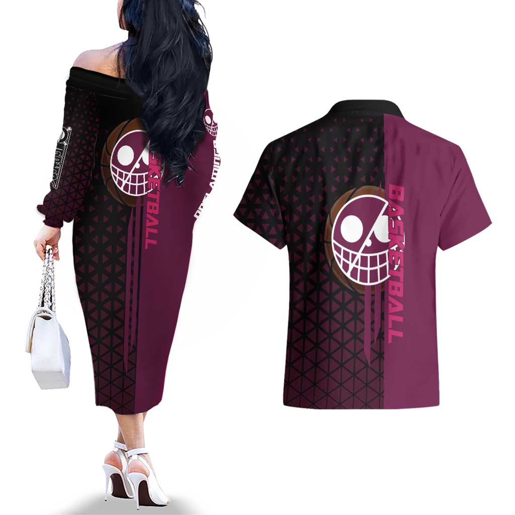 Donquixote Doflamingo One Piece Basketball Theme Maroon and Black Design Couples Matching Off The Shoulder Long Sleeve Dress and Hawaiian Shirt with Smiling Emblem and Aggressive Pose - The Mazicc