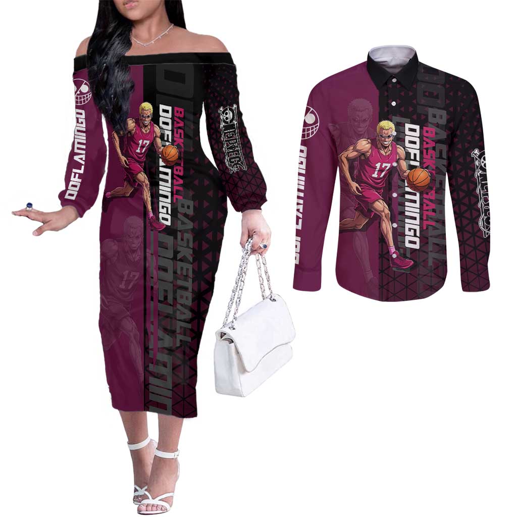 Donquixote Doflamingo One Piece Basketball Theme Maroon and Black Design Couples Matching Off The Shoulder Long Sleeve Dress and Long Sleeve Button Shirt with Smiling Emblem and Aggressive Pose - The Mazicc