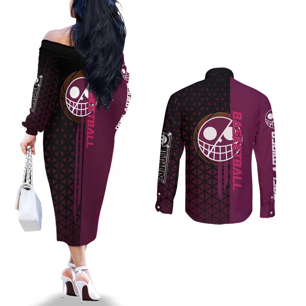 Donquixote Doflamingo One Piece Basketball Theme Maroon and Black Design Couples Matching Off The Shoulder Long Sleeve Dress and Long Sleeve Button Shirt with Smiling Emblem and Aggressive Pose - The Mazicc