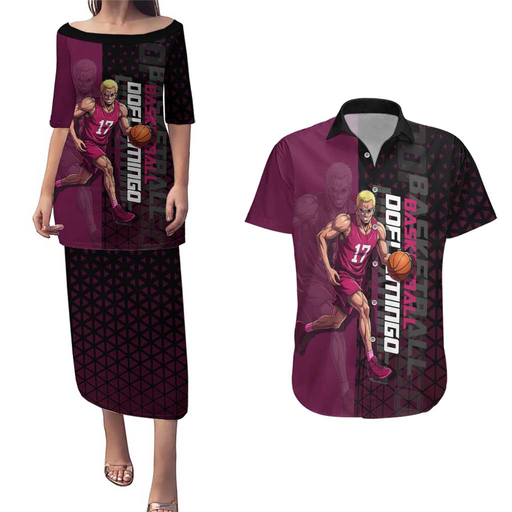 Donquixote Doflamingo One Piece Basketball Theme Maroon and Black Design Couples Matching Puletasi and Hawaiian Shirt with Smiling Emblem and Aggressive Pose - The Mazicc