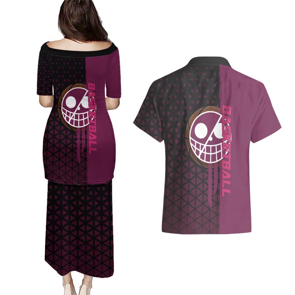 Donquixote Doflamingo One Piece Basketball Theme Maroon and Black Design Couples Matching Puletasi and Hawaiian Shirt with Smiling Emblem and Aggressive Pose - The Mazicc