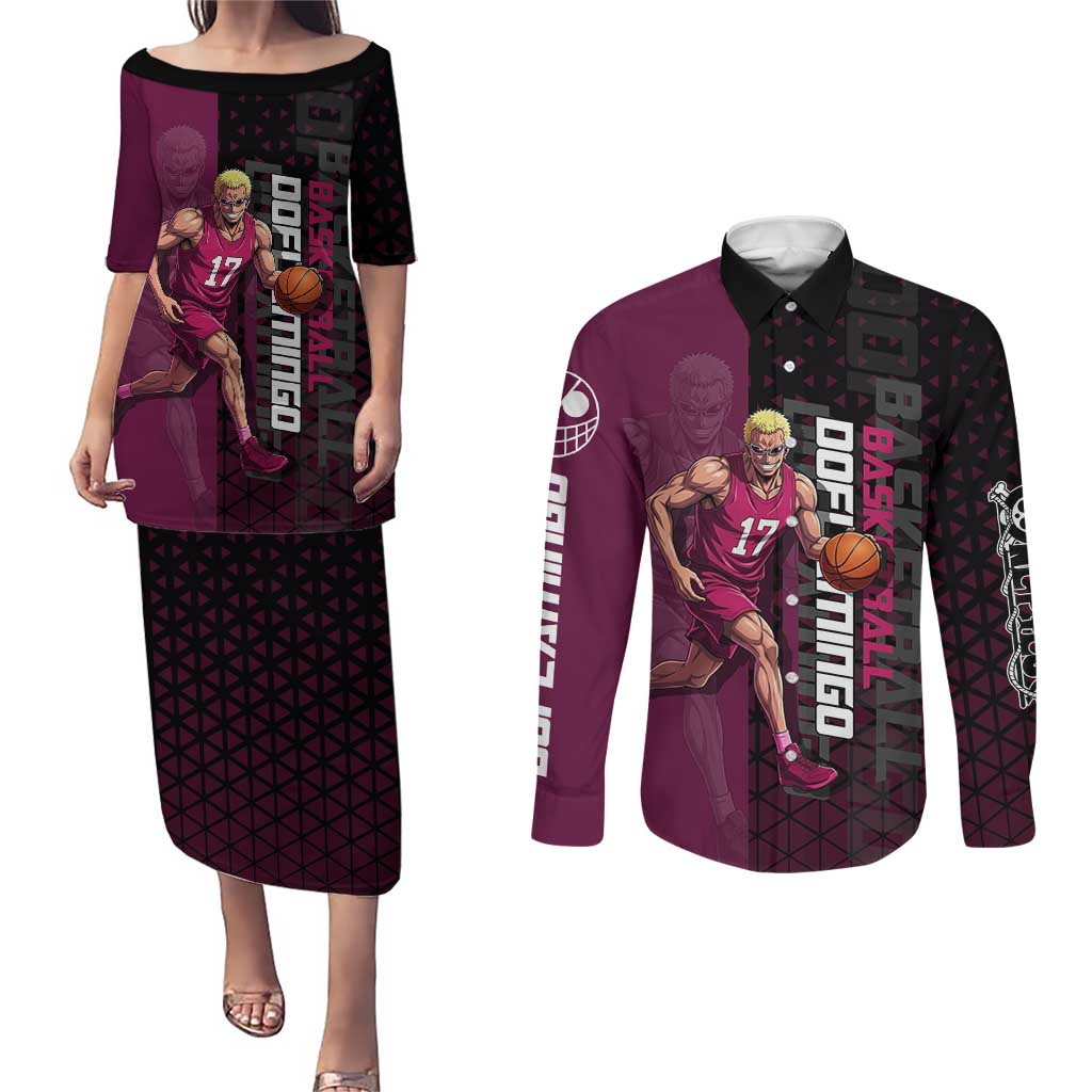Donquixote Doflamingo One Piece Basketball Theme Maroon and Black Design Couples Matching Puletasi and Long Sleeve Button Shirt with Smiling Emblem and Aggressive Pose - The Mazicc