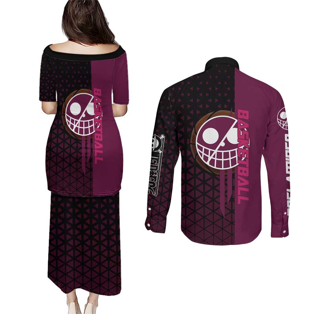 Donquixote Doflamingo One Piece Basketball Theme Maroon and Black Design Couples Matching Puletasi and Long Sleeve Button Shirt with Smiling Emblem and Aggressive Pose - The Mazicc