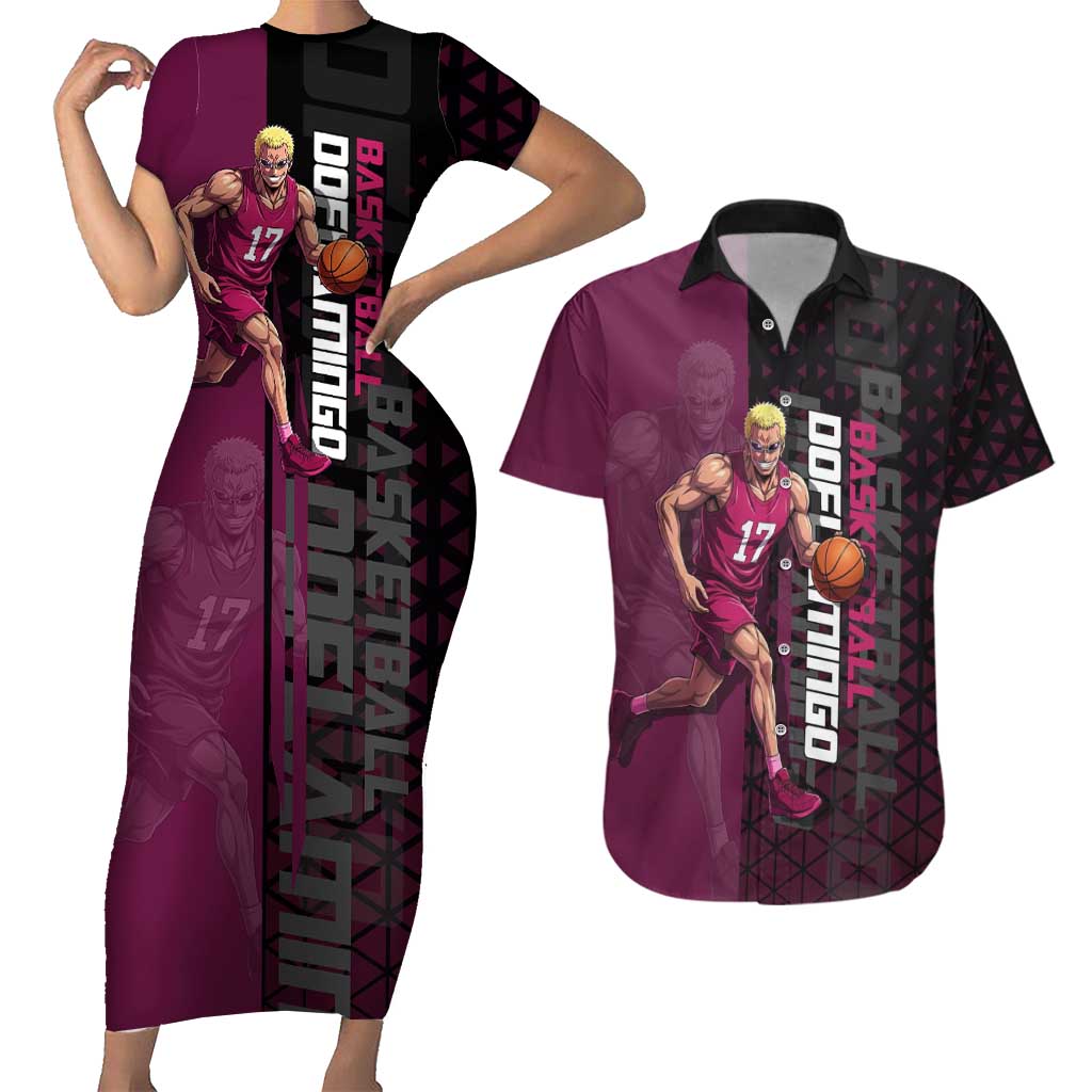 Donquixote Doflamingo One Piece Basketball Theme Maroon and Black Design Couples Matching Short Sleeve Bodycon Dress and Hawaiian Shirt with Smiling Emblem and Aggressive Pose - The Mazicc