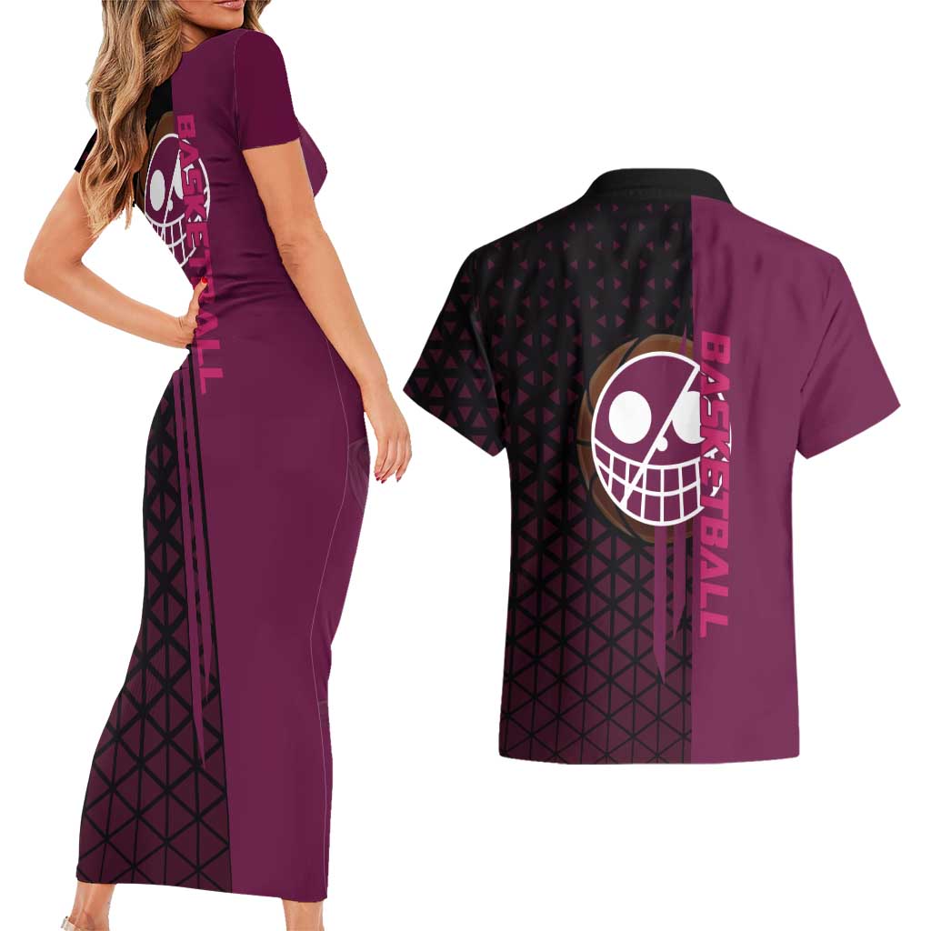 Donquixote Doflamingo One Piece Basketball Theme Maroon and Black Design Couples Matching Short Sleeve Bodycon Dress and Hawaiian Shirt with Smiling Emblem and Aggressive Pose - The Mazicc