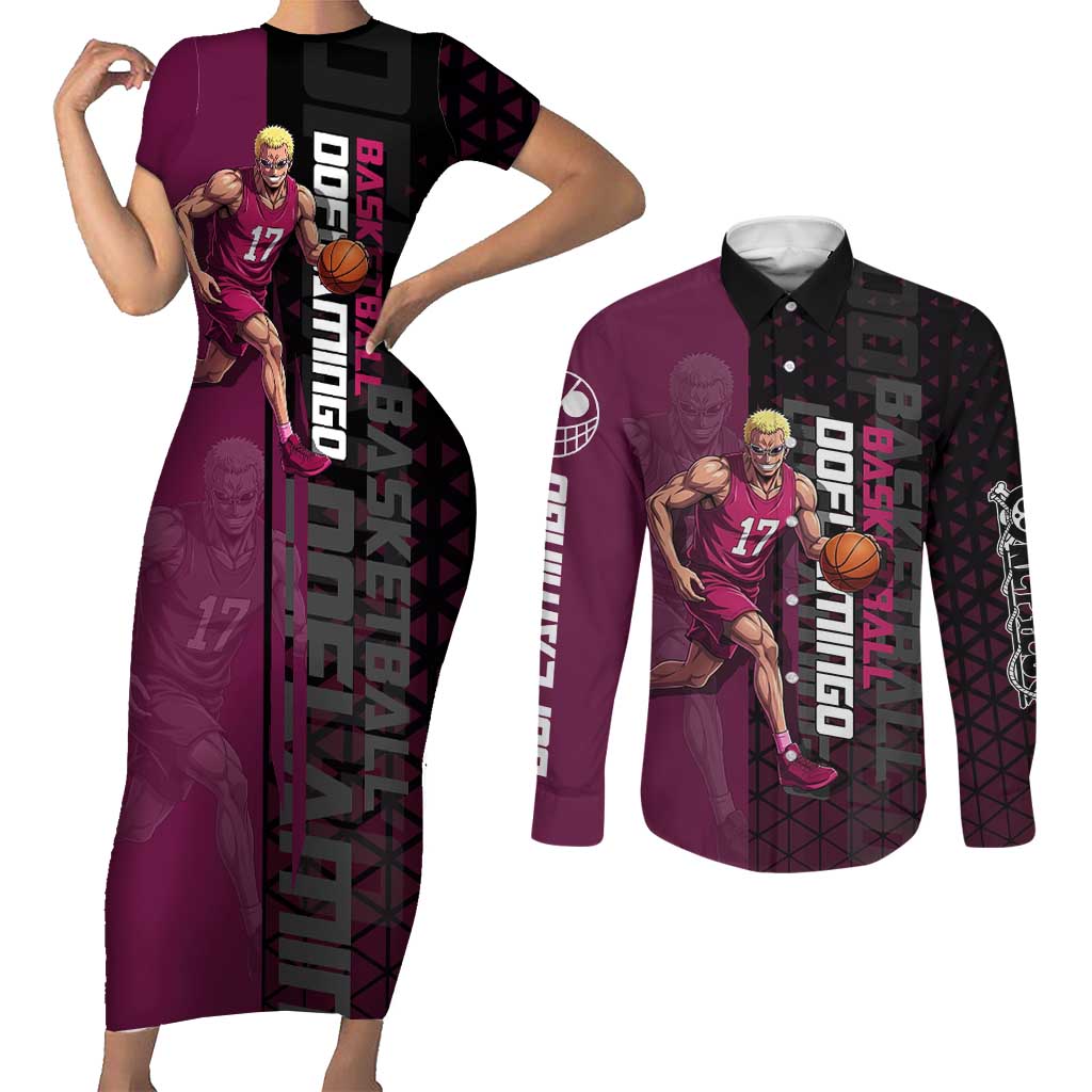 Donquixote Doflamingo One Piece Basketball Theme Maroon and Black Design Couples Matching Short Sleeve Bodycon Dress and Long Sleeve Button Shirt with Smiling Emblem and Aggressive Pose - The Mazicc