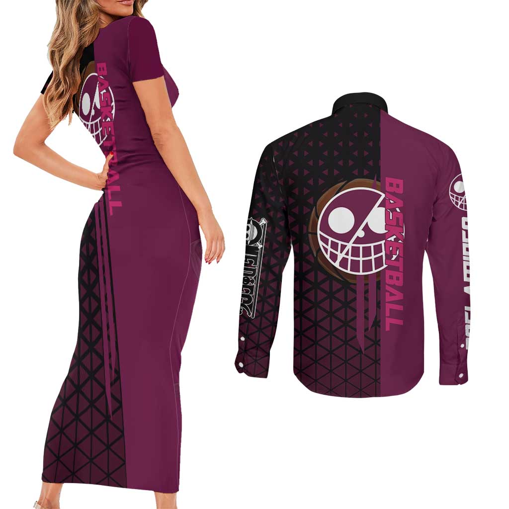 Donquixote Doflamingo One Piece Basketball Theme Maroon and Black Design Couples Matching Short Sleeve Bodycon Dress and Long Sleeve Button Shirt with Smiling Emblem and Aggressive Pose - The Mazicc