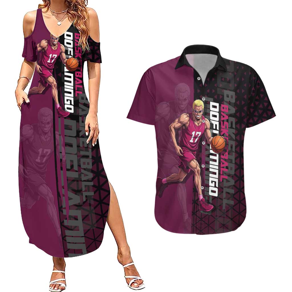 Donquixote Doflamingo One Piece Basketball Theme Maroon and Black Design Couples Matching Summer Maxi Dress and Hawaiian Shirt with Smiling Emblem and Aggressive Pose - The Mazicc