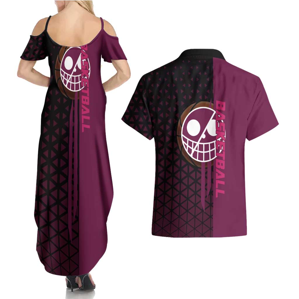 Donquixote Doflamingo One Piece Basketball Theme Maroon and Black Design Couples Matching Summer Maxi Dress and Hawaiian Shirt with Smiling Emblem and Aggressive Pose - The Mazicc