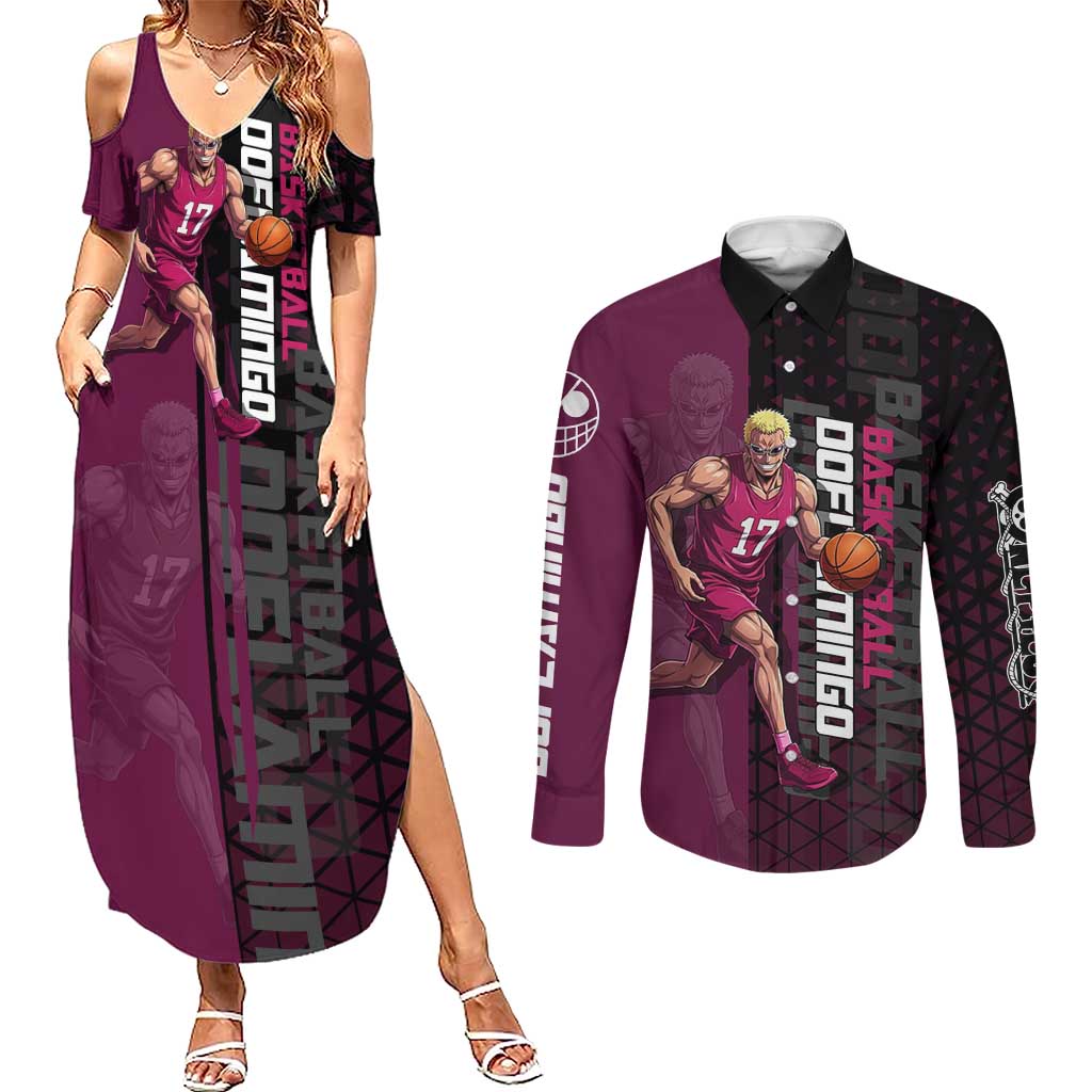 Donquixote Doflamingo One Piece Basketball Theme Maroon and Black Design Couples Matching Summer Maxi Dress and Long Sleeve Button Shirt with Smiling Emblem and Aggressive Pose - The Mazicc