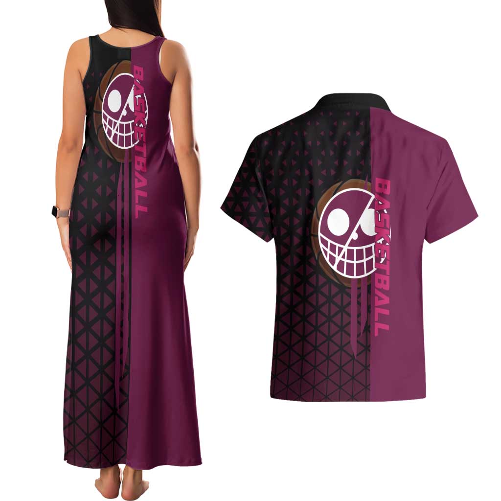 Donquixote Doflamingo One Piece Basketball Theme Maroon and Black Design Couples Matching Tank Maxi Dress and Hawaiian Shirt with Smiling Emblem and Aggressive Pose - The Mazicc