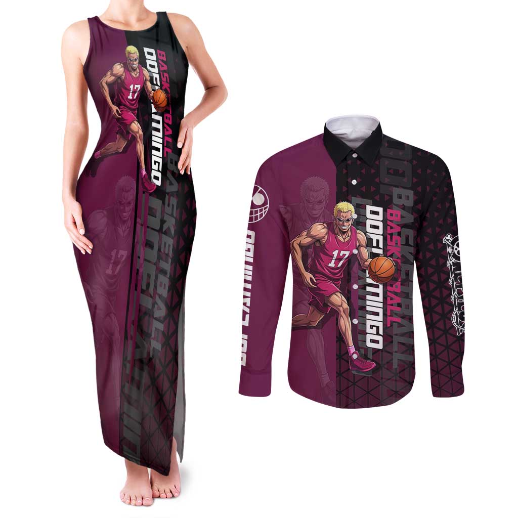 Donquixote Doflamingo One Piece Basketball Theme Maroon and Black Design Couples Matching Tank Maxi Dress and Long Sleeve Button Shirt with Smiling Emblem and Aggressive Pose - The Mazicc