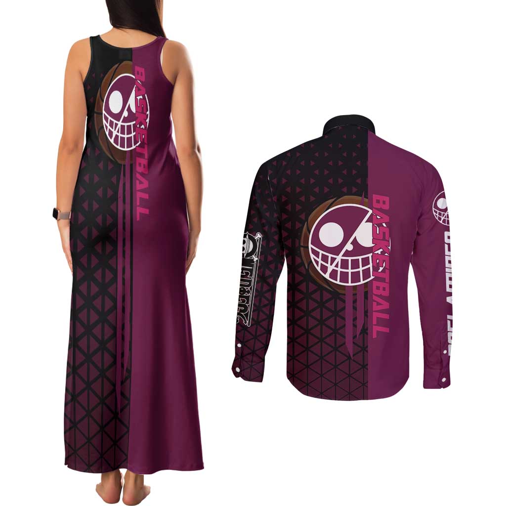 Donquixote Doflamingo One Piece Basketball Theme Maroon and Black Design Couples Matching Tank Maxi Dress and Long Sleeve Button Shirt with Smiling Emblem and Aggressive Pose - The Mazicc