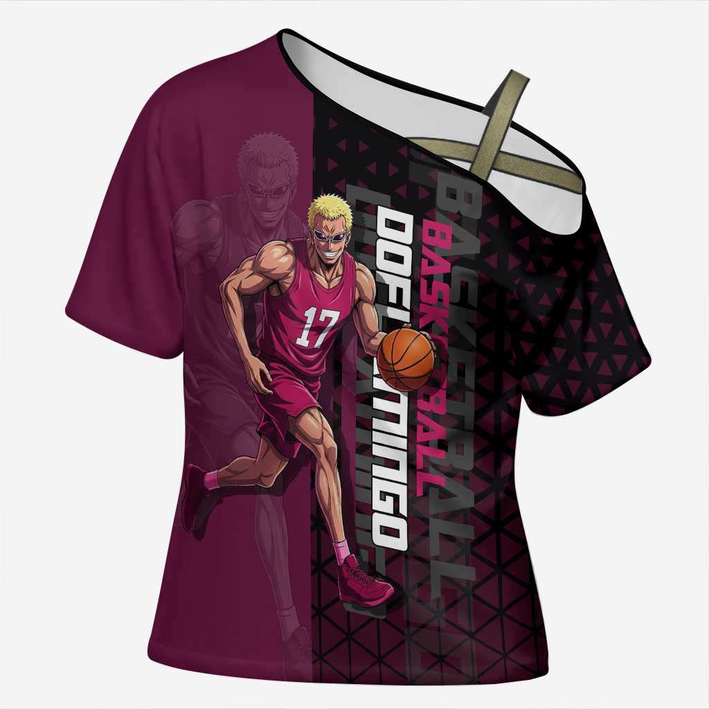 Donquixote Doflamingo One Piece Basketball Theme Maroon and Black Design Cross Shoulder Shirt with Smiling Emblem and Aggressive Pose - The Mazicc