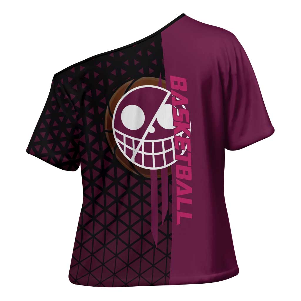 Donquixote Doflamingo One Piece Basketball Theme Maroon and Black Design Cross Shoulder Shirt with Smiling Emblem and Aggressive Pose - The Mazicc