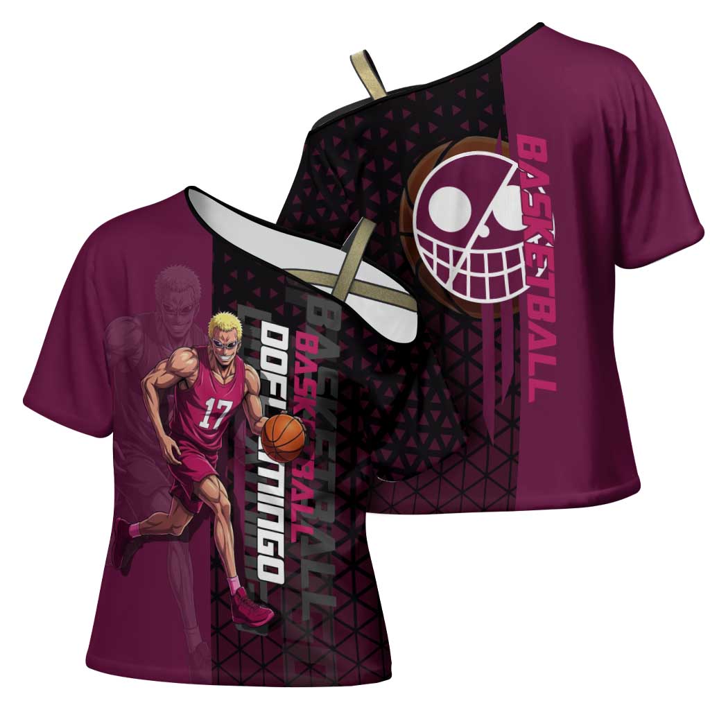Donquixote Doflamingo One Piece Basketball Theme Maroon and Black Design Cross Shoulder Shirt with Smiling Emblem and Aggressive Pose - The Mazicc