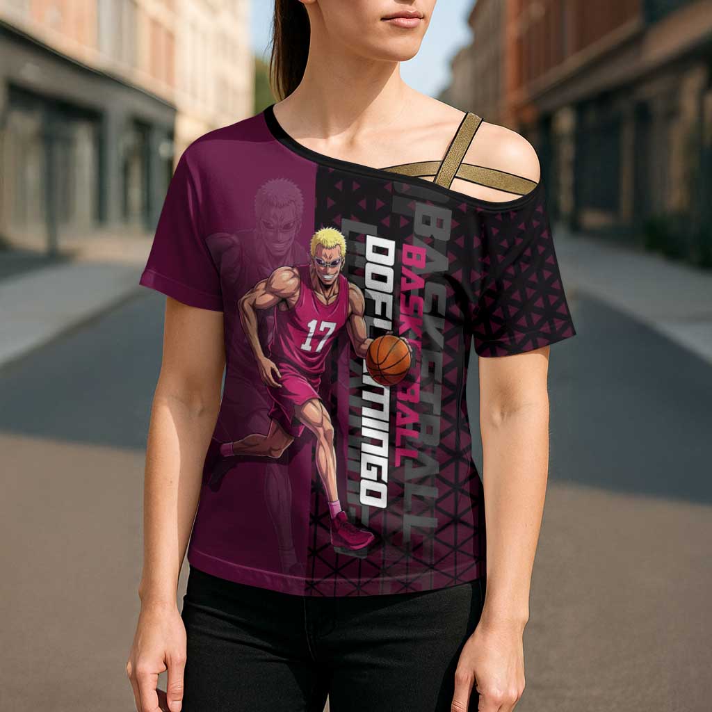 Donquixote Doflamingo One Piece Basketball Theme Maroon and Black Design Cross Shoulder Shirt with Smiling Emblem and Aggressive Pose - The Mazicc