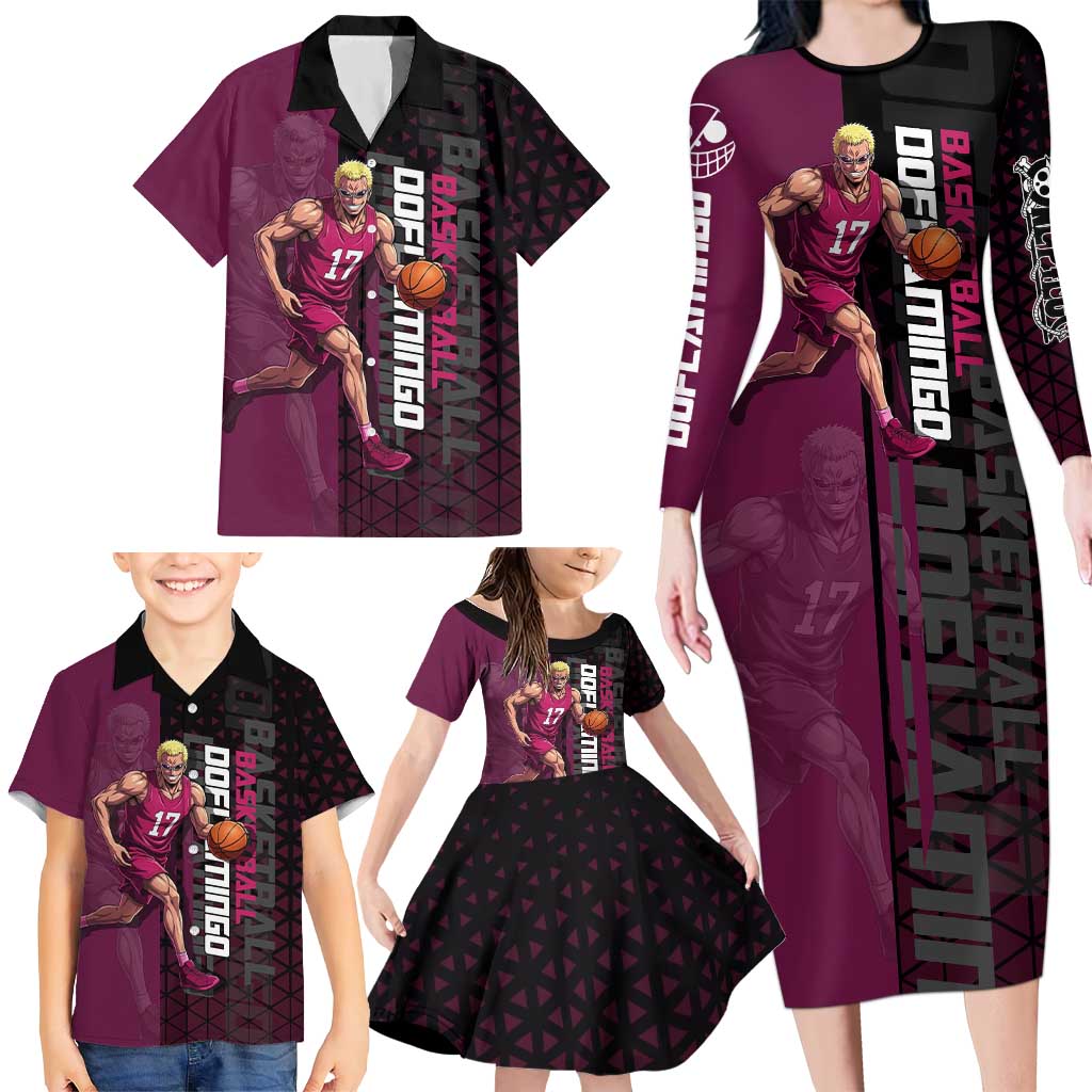 Donquixote Doflamingo One Piece Basketball Theme Maroon and Black Design Family Matching Long Sleeve Bodycon Dress and Hawaiian Shirt with Smiling Emblem and Aggressive Pose