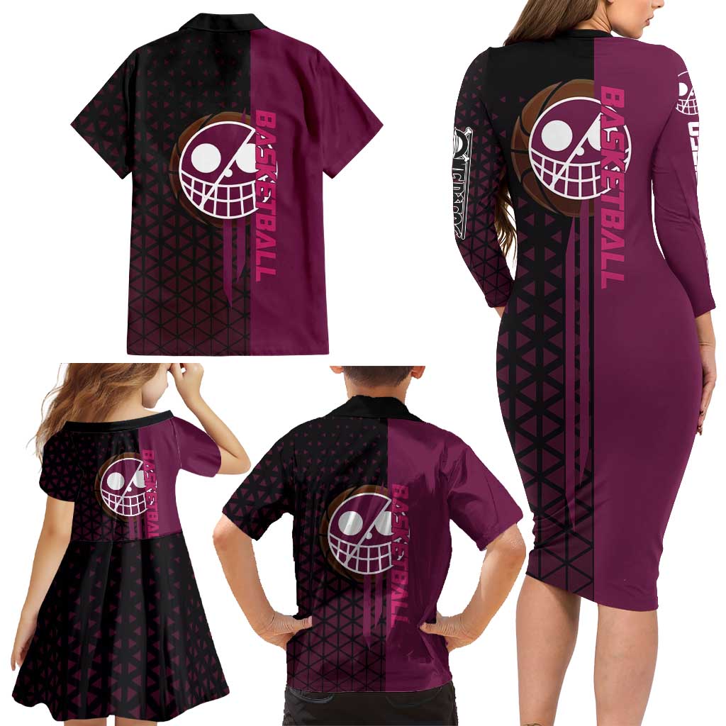 Donquixote Doflamingo One Piece Basketball Theme Maroon and Black Design Family Matching Long Sleeve Bodycon Dress and Hawaiian Shirt with Smiling Emblem and Aggressive Pose