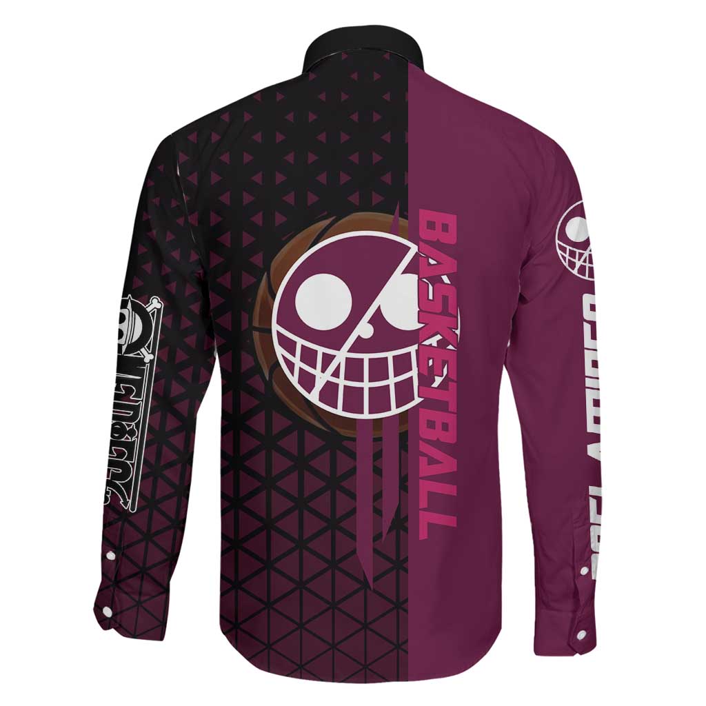 Donquixote Doflamingo One Piece Basketball Theme Maroon and Black Design Family Matching Long Sleeve Bodycon Dress and Hawaiian Shirt with Smiling Emblem and Aggressive Pose