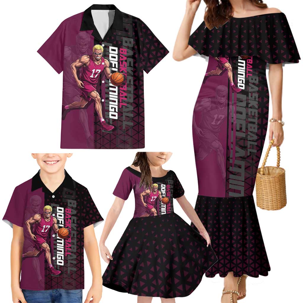 Donquixote Doflamingo One Piece Basketball Theme Maroon and Black Design Family Matching Mermaid Dress and Hawaiian Shirt with Smiling Emblem and Aggressive Pose