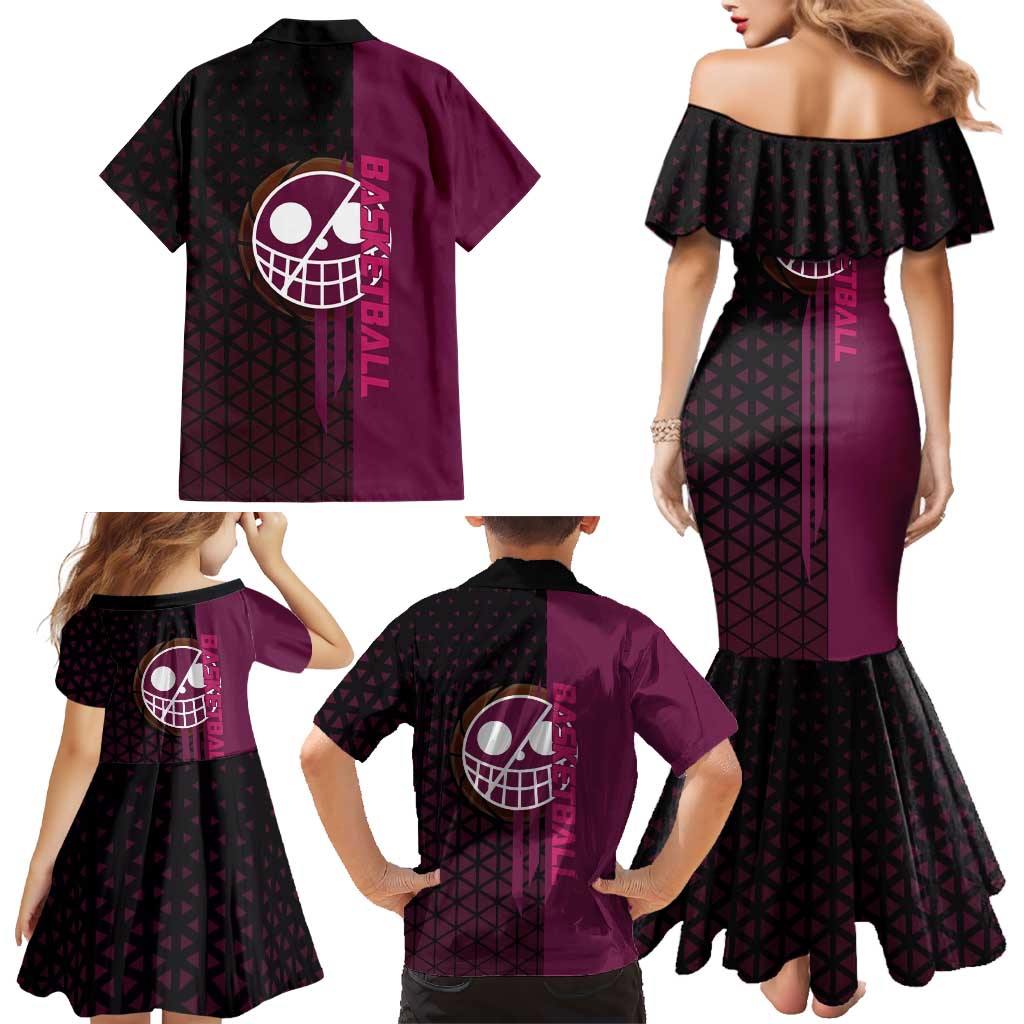 Donquixote Doflamingo One Piece Basketball Theme Maroon and Black Design Family Matching Mermaid Dress and Hawaiian Shirt with Smiling Emblem and Aggressive Pose