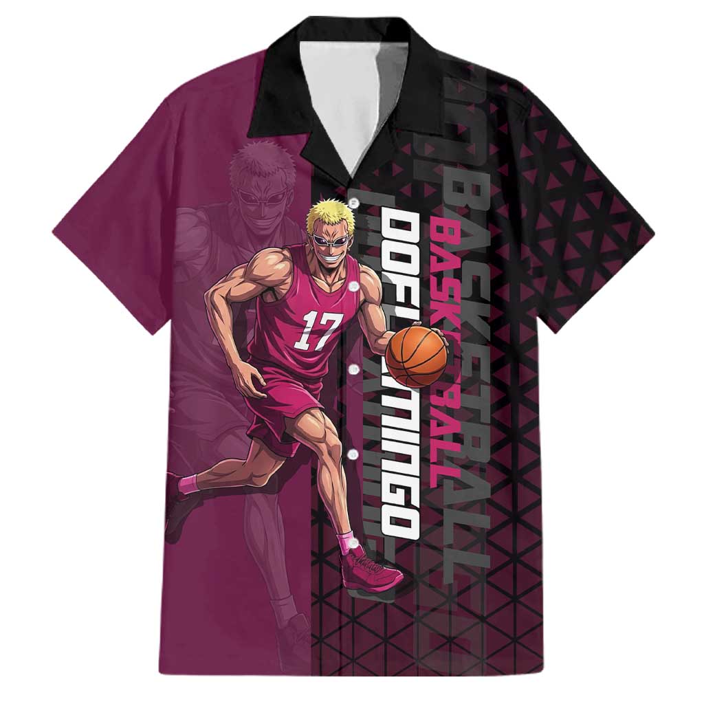 Donquixote Doflamingo One Piece Basketball Theme Maroon and Black Design Family Matching Mermaid Dress and Hawaiian Shirt with Smiling Emblem and Aggressive Pose